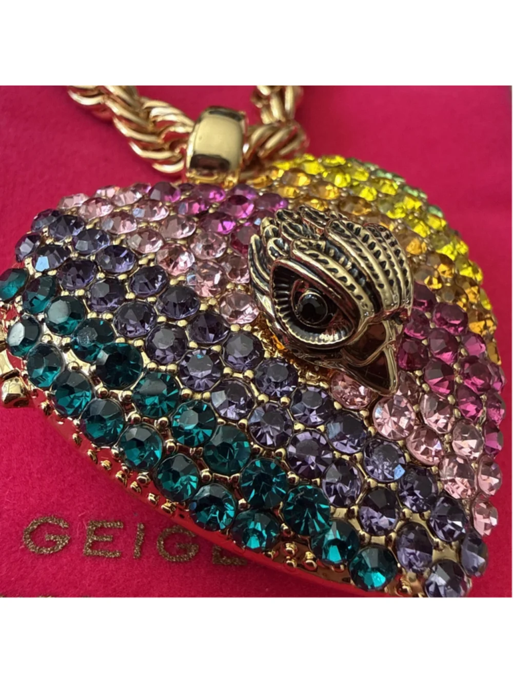 KURT GEIGER London Crystal Heart XL Locket Necklace Rainbow Eagle Head $198